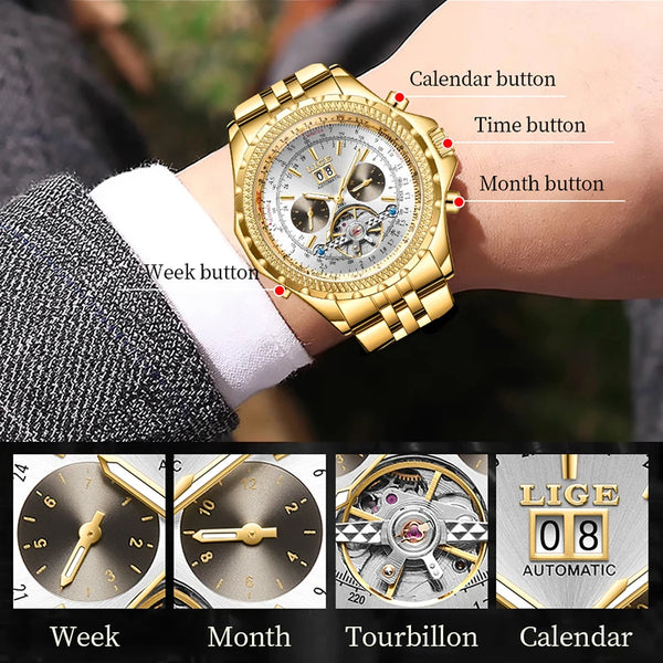 Top Brand Watch Men Automatic Tourbillon Mechanical Watch for Men Gold Multifunctional Luminous Waterproof Men'S Watches