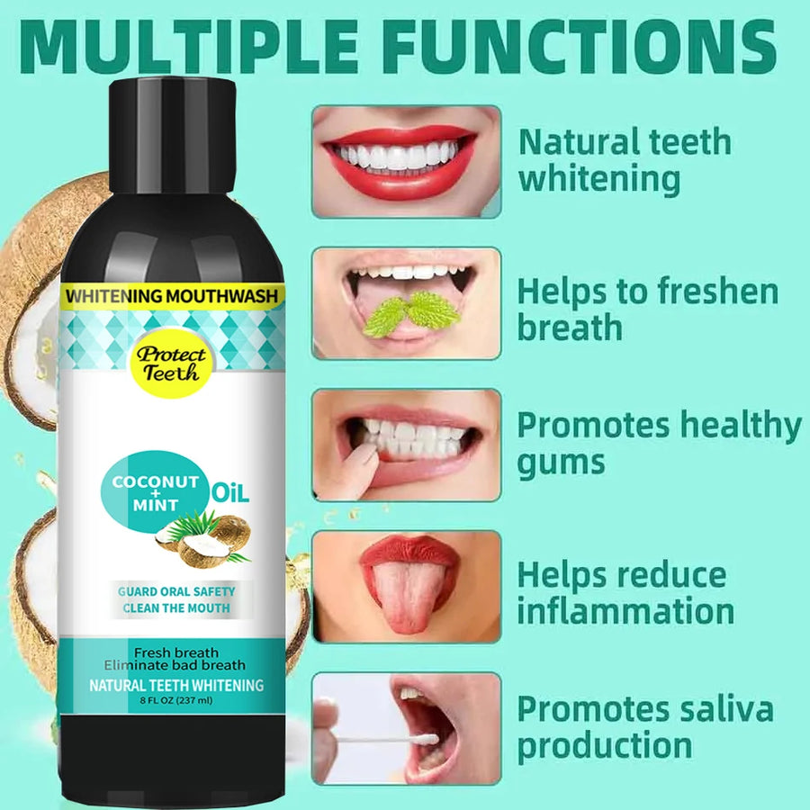 237Ml Coconut Mint Pulling Oil Mouthwash Alcohol-Free Teeth Whitening Fresh Oral Breath Tongue Scraper Set Mouth Health Care