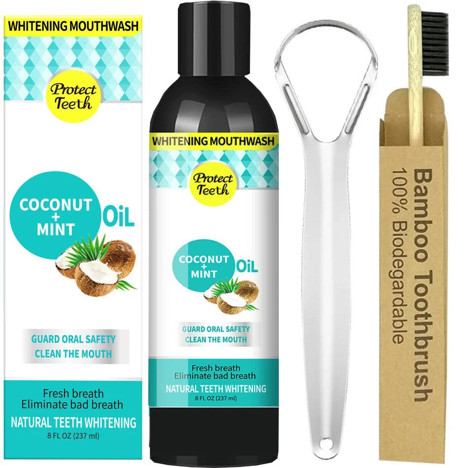 237Ml Coconut Mint Pulling Oil Mouthwash Alcohol-Free Teeth Whitening Fresh Oral Breath Tongue Scraper Set Mouth Health Care