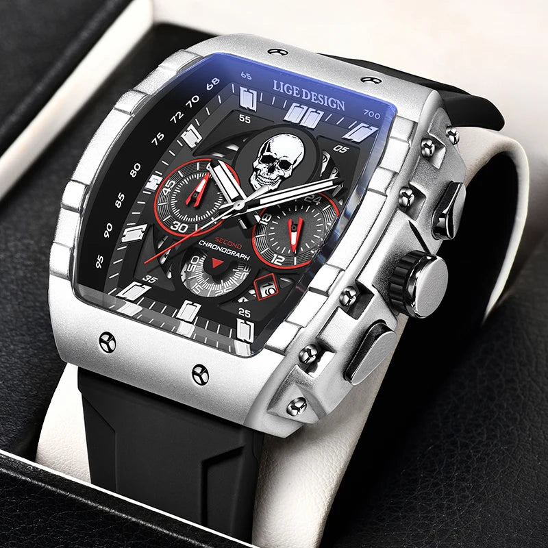 LIGE  Skeleton Skull Dial Sport Army Watches Mens Fashion Luxury Waterproof Quartz Watch Chronograph Montre Homme