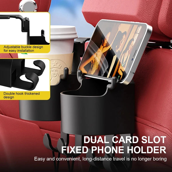 Car seat headrest hook hanger with a cup holder and storage organizer for handbags, fitting most vehicles.