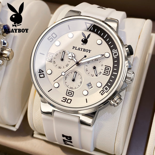 PLAYBOY Men's Luxury Chronograph Quartz Wrist Watch | Fashion Silicone Strap | Waterproof Sport Watch with Date Display