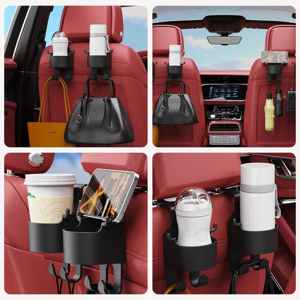Car seat headrest hook hanger with a cup holder and storage organizer for handbags, fitting most vehicles.